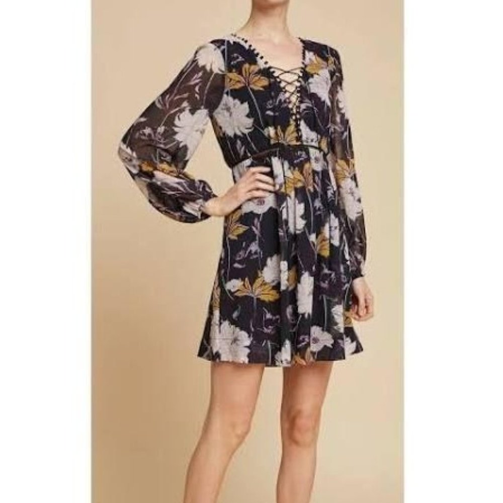 Ella Moss Floral Haze Lace Up Georgette Dress Size XS Spring Cottage Boho Spring